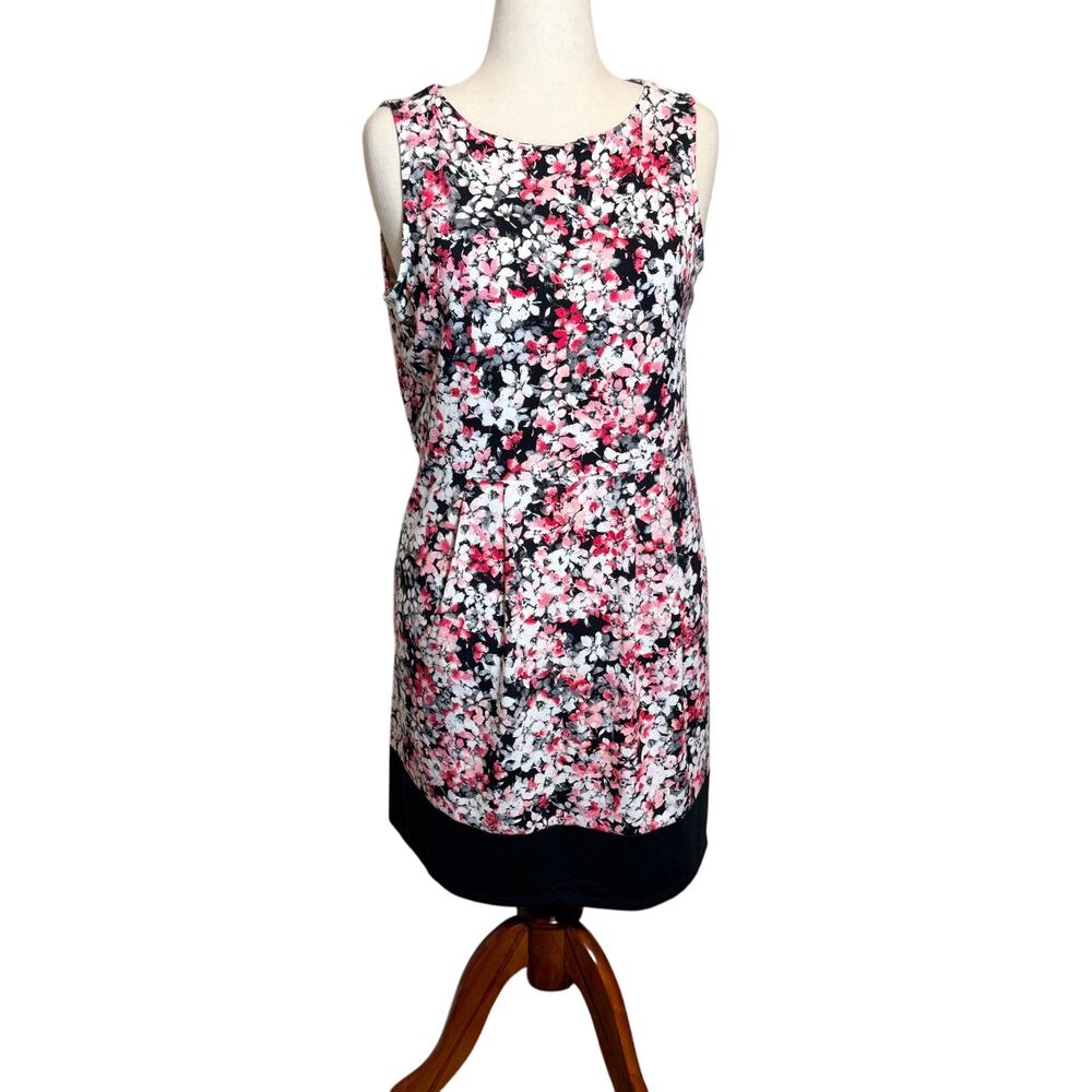 J, Jill Wearever sleeveless dress black pink white floral black border Sz LP